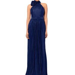 Betsy & Adam Navy Blue Rosette Pleated Gown